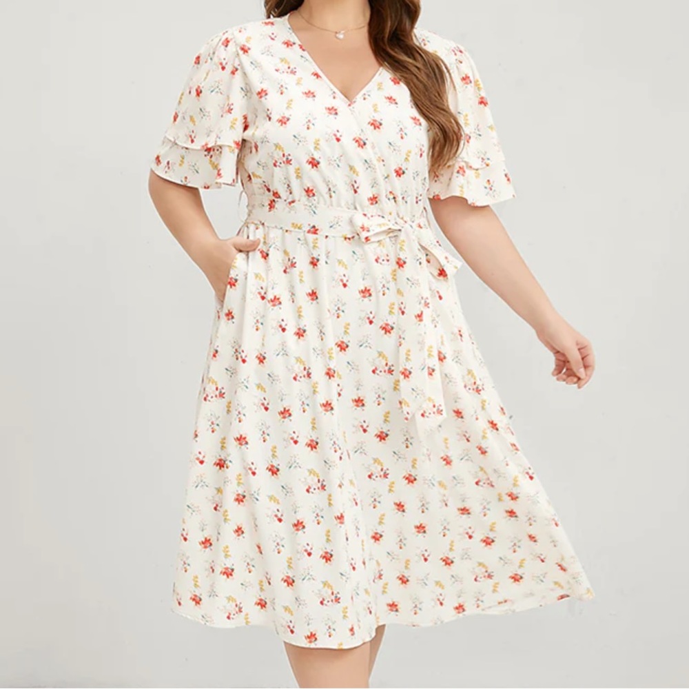 Floral Printed Ruffle Sleeve Pocket Belted Midi Dress